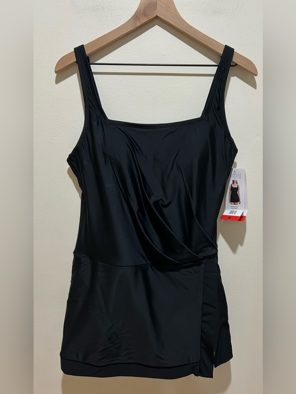NWT Beyond Control Black Square Neck Swim Dress Tummy Control One Piece Swimsuit